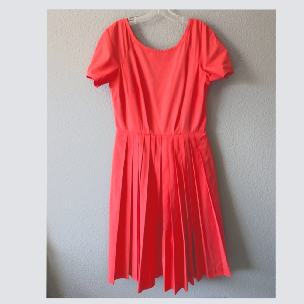 Vintage Elegant Orange Peach Dress Pleats Fit & Flare With Pockets Sz. L - Picture 6 of 10